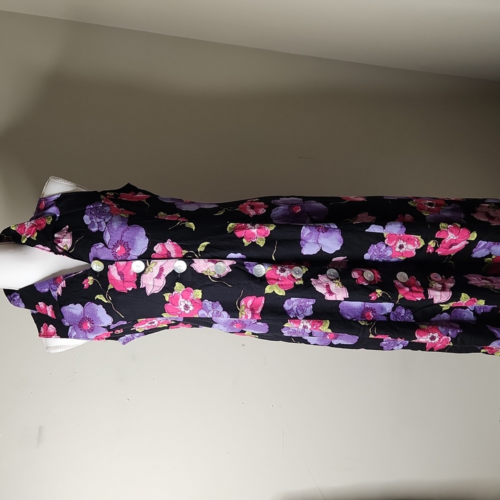 Vintage Linen black dark floral button Down front long dress. Lace-up Back